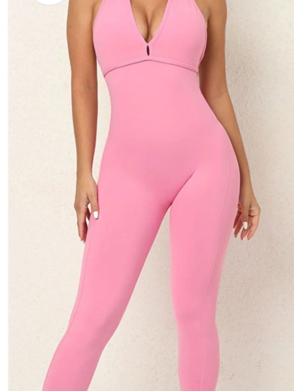 Plunge V-Neck Pink Seam-Detail Jumpsuit